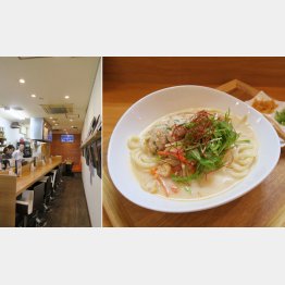 大きな鶏団子が3つものった「クリーミー酒粕うどん」・壁にはジョッキーのサインや競走馬の絵がズラリ