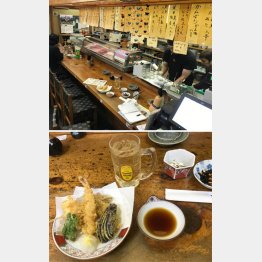 粋な雰囲気の店内と、人気の天ぷら盛り合わせ