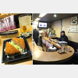 店内はどの席からでもレース観戦できる。 分厚くてアツアツのハムカツ(左)は350円