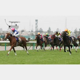 2007年桜花賞、3番カタマチボタンの外を2頭が
